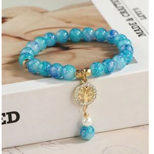 Handmade Blue Apatite Beaded Bracelet Stretch Tree of Life Dangle Charm Pendant